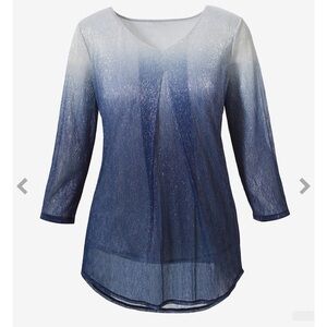 Chicos Shimmer Ombre Tunic Size XL Elegant Mature 3/4 Sleeves Event Stretch Blue